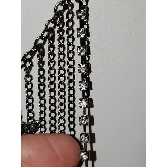 A Gunmetal Rhinestone Necklace Fringe Chain Butterfly Steampunk Boho Fairy Core - Picture 4 of 9